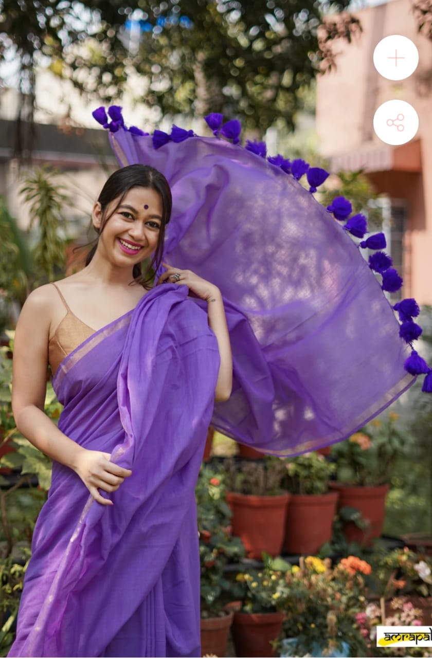 Beige Violet With Pompom Pallu Kota Handloom Silk Viscose Sarees - Dailybuyys