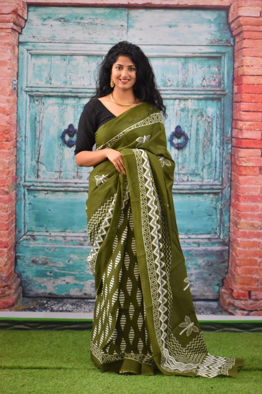 Pear Green Pure Pure Cotton Mulmul Sarees - Dailybuyys
