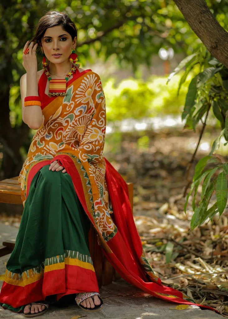 MultiColoured Wax Hand Kalamkari Painted Pure Silk Mark Certified Bishnupuri Silk Sarees - Dailybuyys