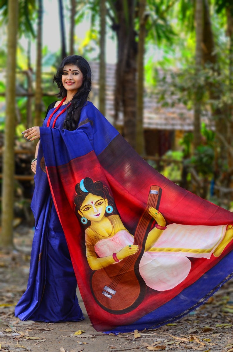 Royal Blue Hand Painted Pure Silk Mark Certified Bishnupuri Silk Sarees - Dailybuyys