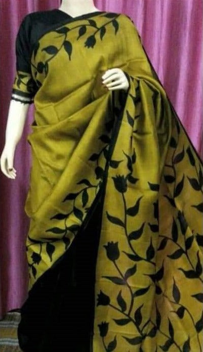 Mustard Yellow And Black Hand Painted Pure Silk Mark Certified Bishnupuri Silk Sarees - Dailybuyys