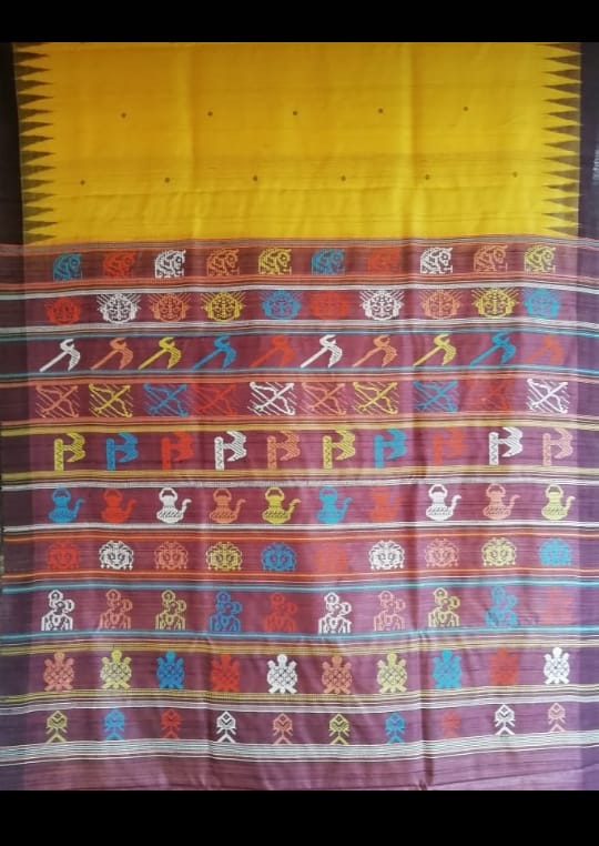 Beige Yellow With Designer Pallu Sambalpuri Pure Silk Mark Certified Tussar Ghicha Silk Sarees - Dailybuyys