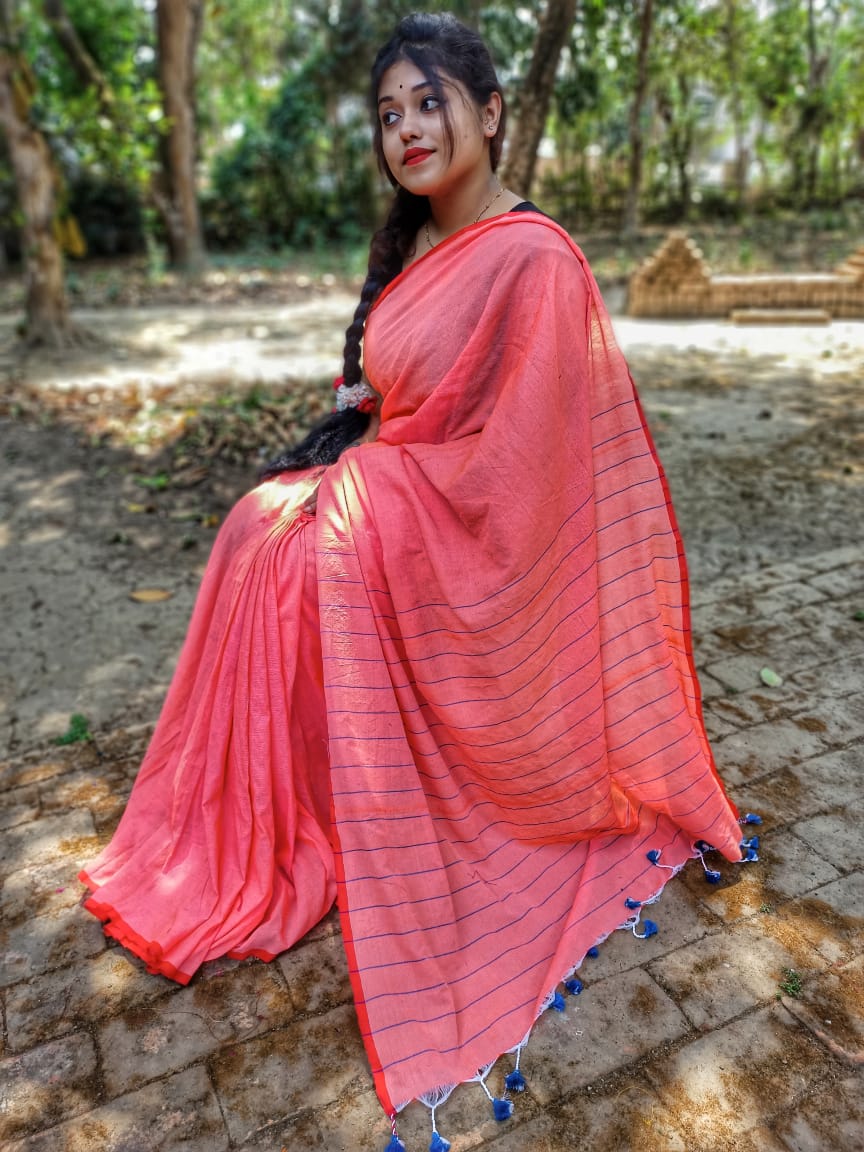 Punch Pink Dual Tone Handloom Khadi Sarees - Dailybuyys