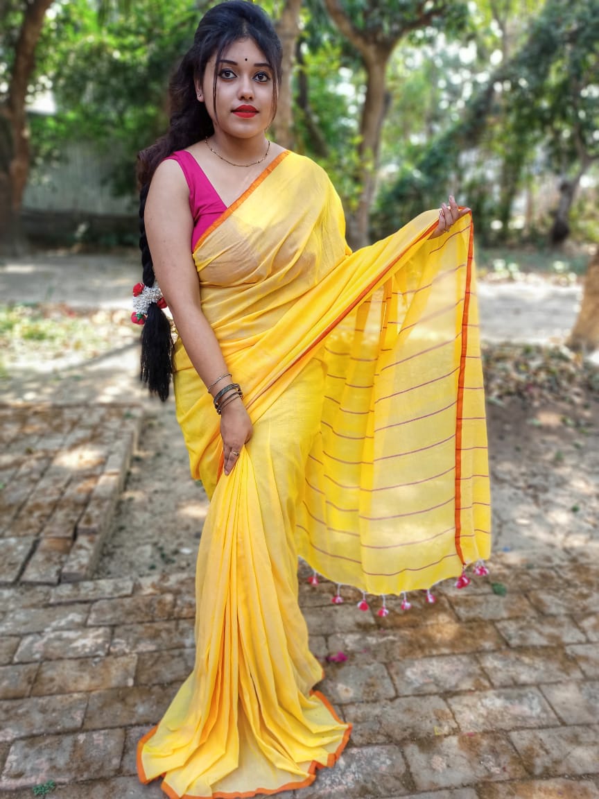 SunFlower Yellow Dual Tone Handloom Khadi Sarees - Dailybuyys