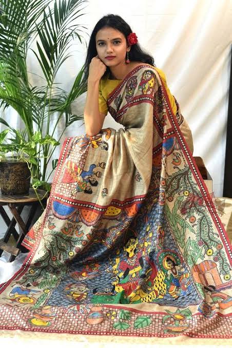 Beige MultiColour Hand Painted Pure Silk Mark Certified Kalamkari Tussar Silk Sarees - Dailybuyys