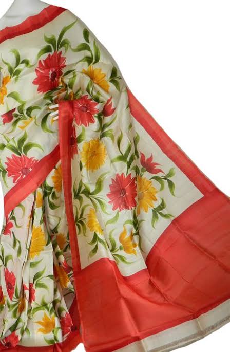 MultiColour Floral Hand Painted Pure Silk Mark Certified Bishnupuri Silk Sarees - Dailybuyys