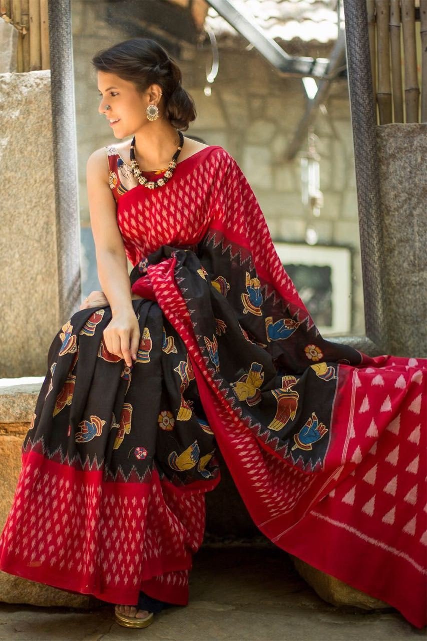 Black And Red Block Printed Pure Silk Mark Certified Bishnupuri Silk Sarees - Dailybuyys