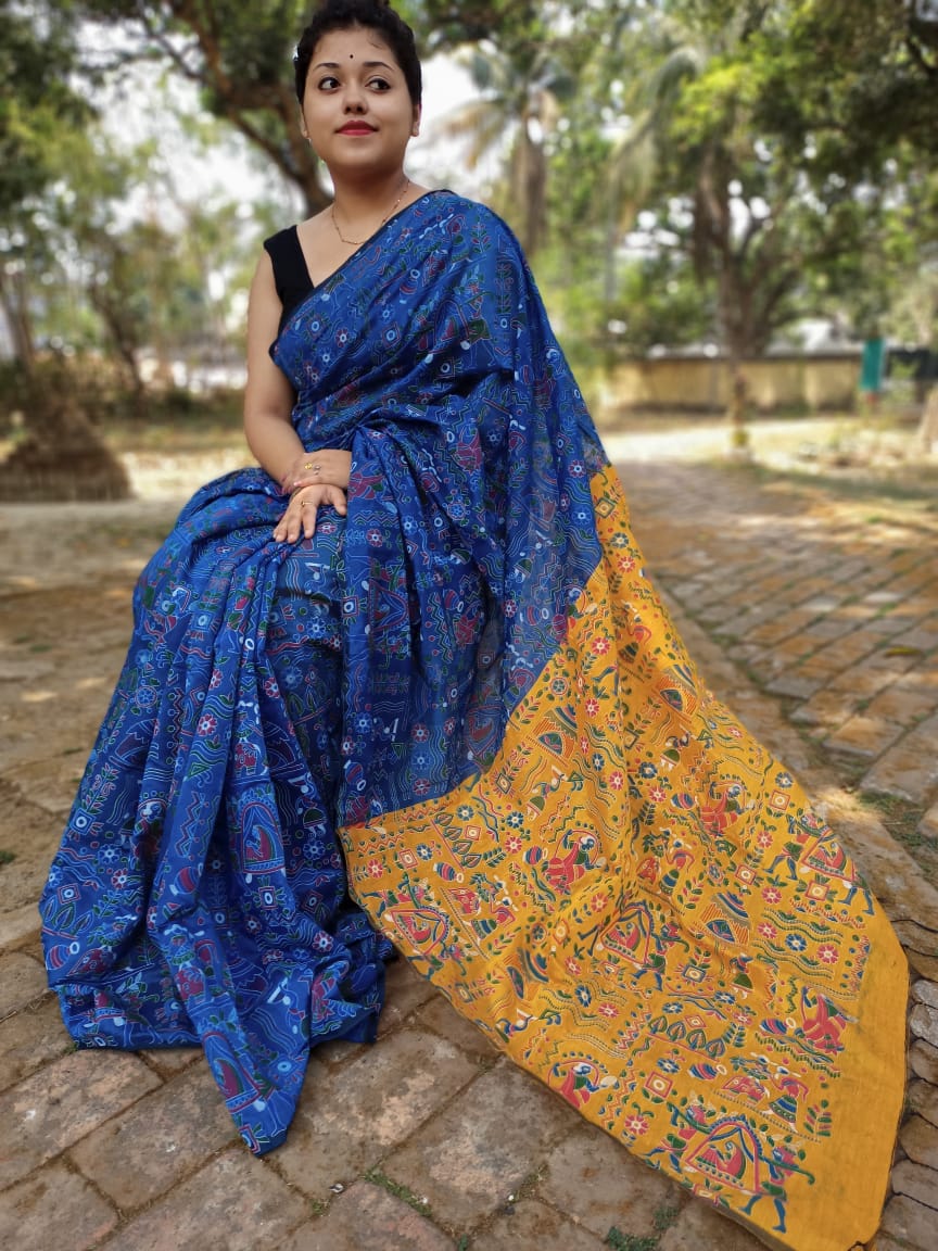 Blue And Yellow Madhubani Printed Pure Handloom Pure Cotton Silk Sarees - Dailybuyys