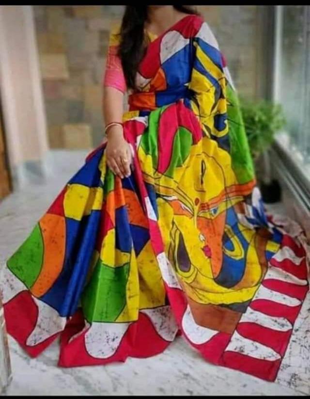 Beige MultiColour Pure HandPainted Batik Khadi Pure Cotton Sarees - Dailybuyys