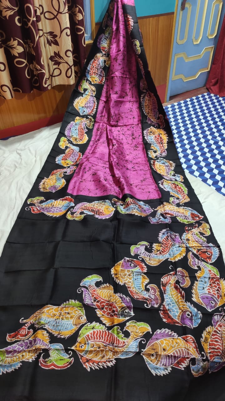 Rani Pink Wax Batik Hand Painted Pure Silk Mark Certified Murshidabad Silk Sarees - Dailybuyys