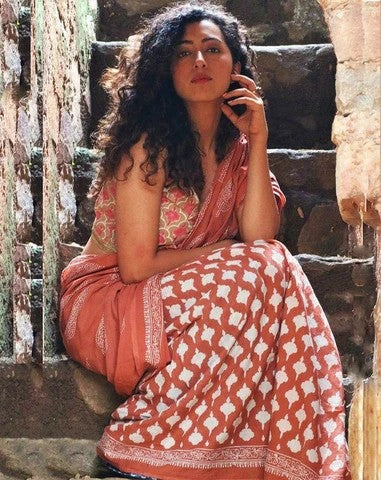 Peach Block Printed Pure Silk Mark Certified Murshidabad Silk Sarees - Dailybuyys