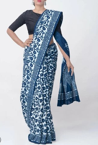 Blue Block Printed Pure Silk Mark Certified Murshidabad Silk Sarees - Dailybuyys