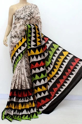 Beige Block Batik Printed Pure Silk Mark Certified Murshidabad Silk Sarees nup - Dailybuyys