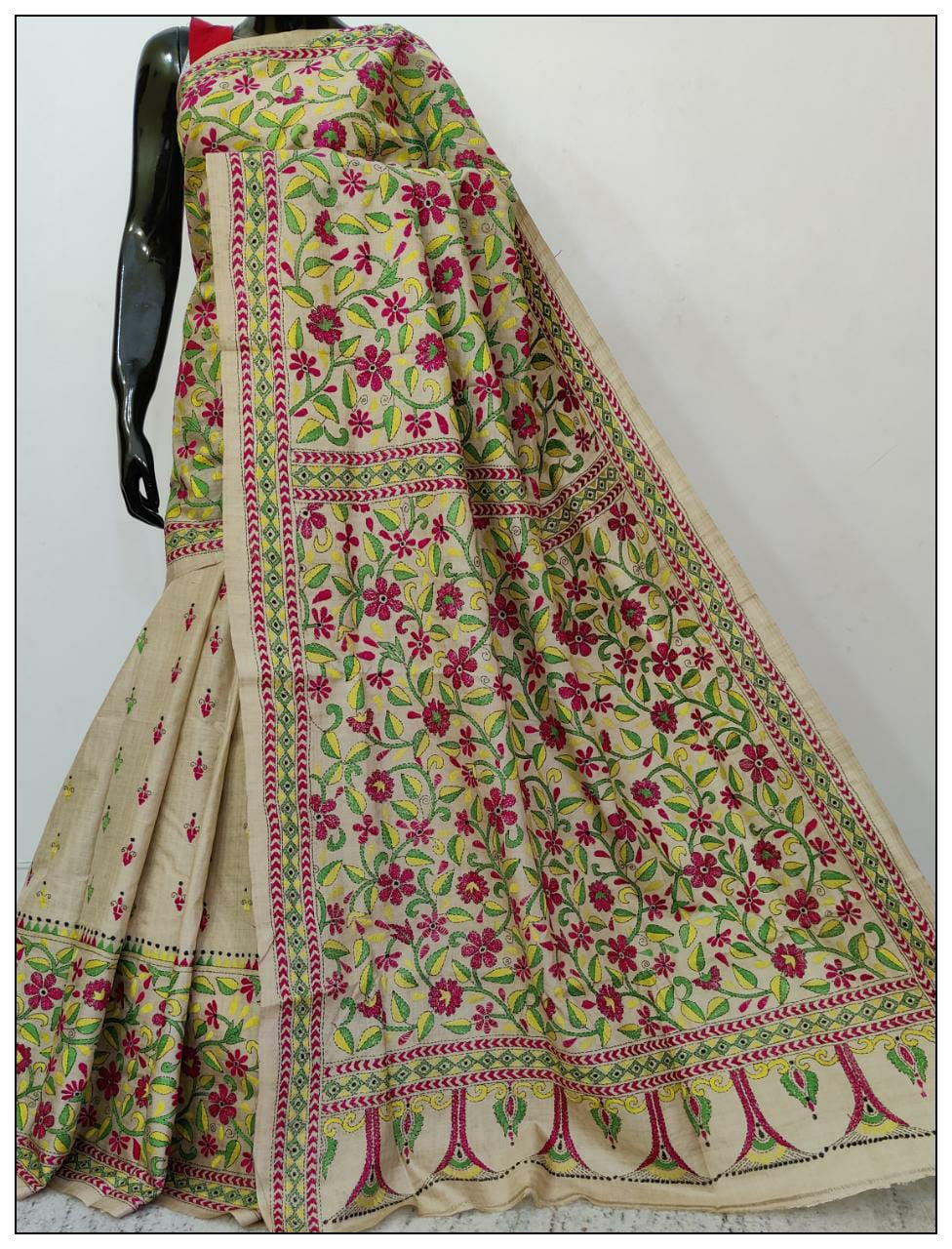 Magenta Floral Hand Embroidery Kantha Stitch Sarees on Pure Gachi Pure Silk Mark Certified Tussar - Dailybuyys