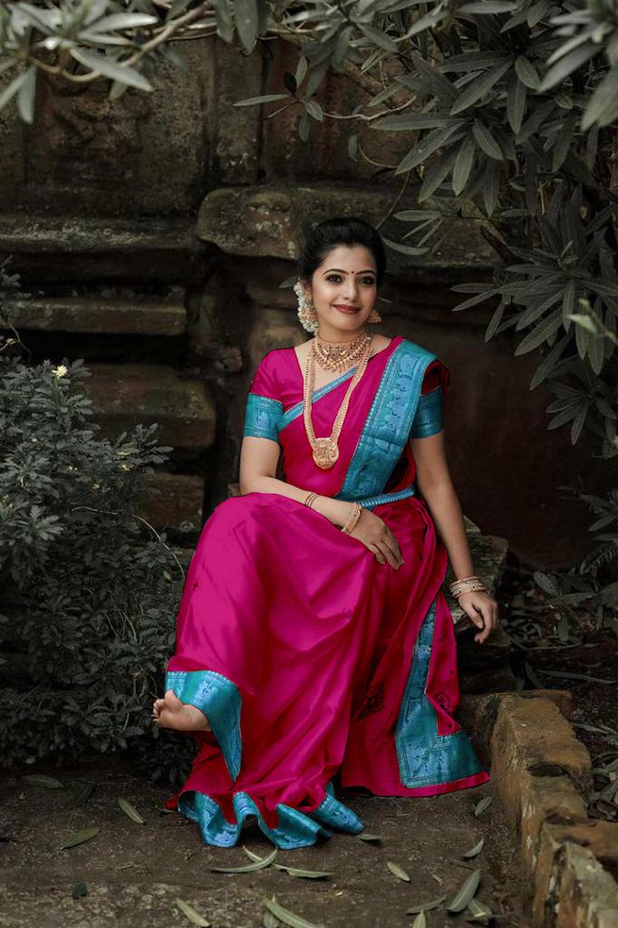 Magenta And Olympic Blue Border Pure Kaikhali Raw Silk Sarees - Dailybuyys