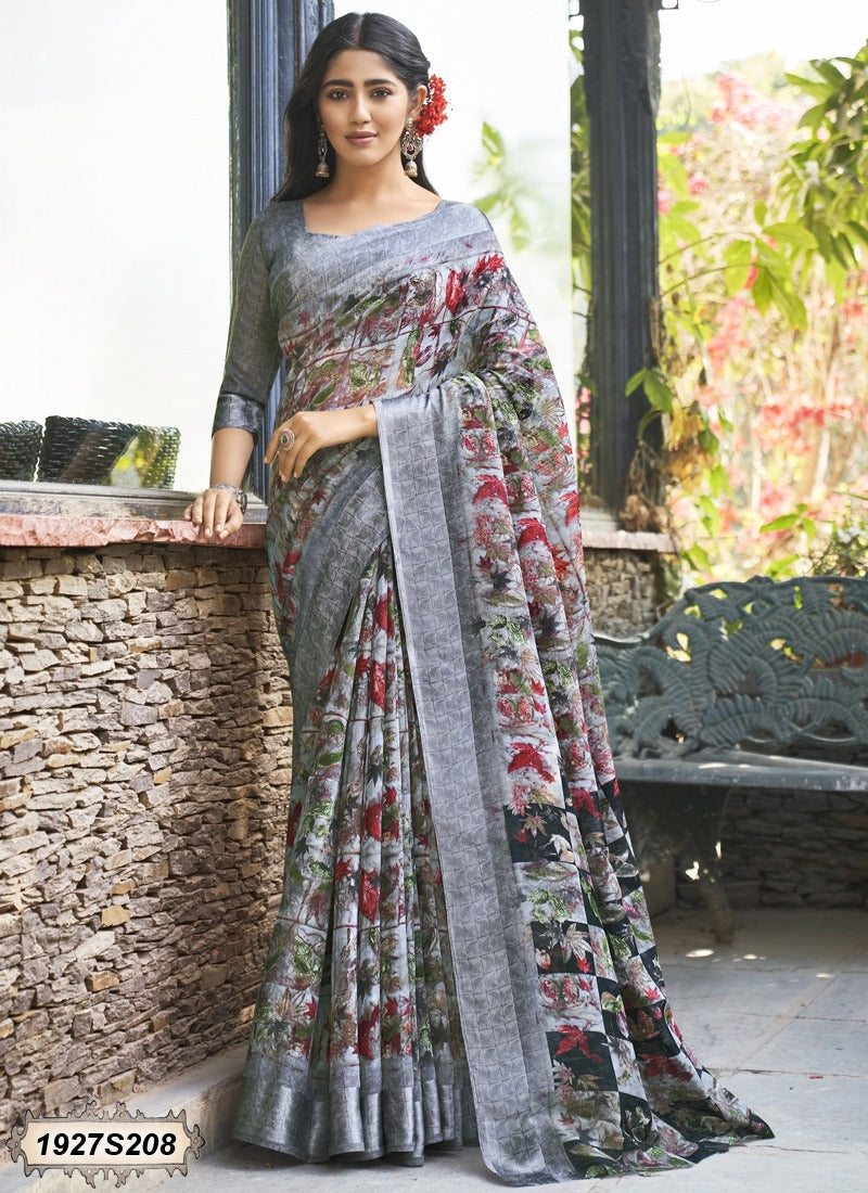 Flint Grey And Multicolour Floral Designer Georgette Sarees - Dailybuyys
