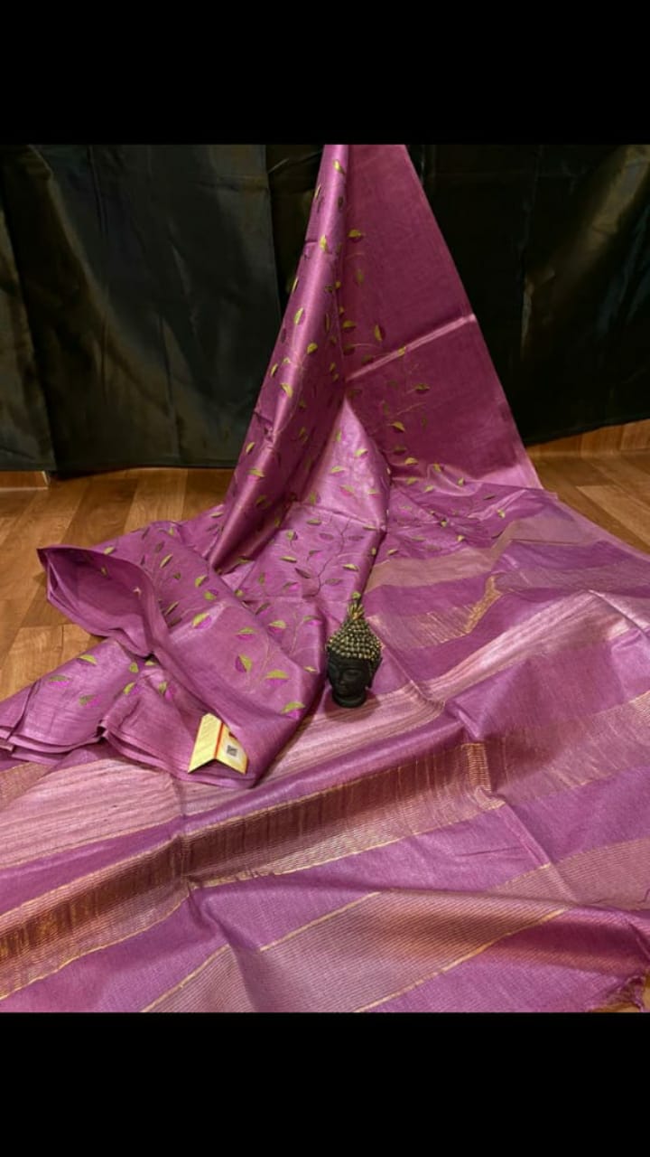 French Rose Pink Hand Painted Zari Border Pure Silk Mark Certified Tussar Silk Sarees - Dailybuyys