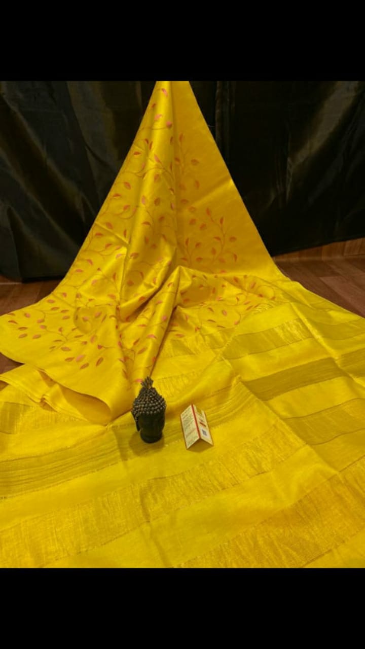 Beige Yellow Floral Hand Painted Zari Border Pure Silk Mark Certified Tussar Silk Sarees - Dailybuyys