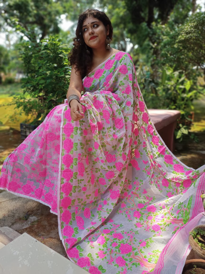 Beige Pink Rose Printed Pure Pure Cotton Pure Pure Cotton Dhakai Jamdani Sarees - Dailybuyys
