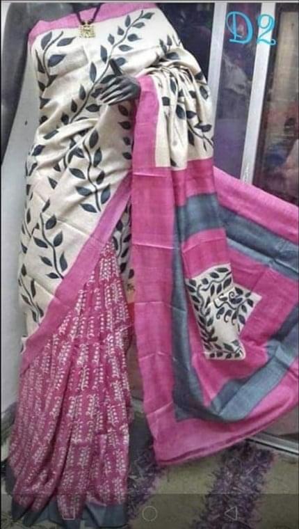 Beige Pink Block Printed Pure Silk Mark Certified Bishnupuri Silk Sarees - Dailybuyys