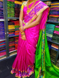 Magenta pink and Green Pochampalli Border Pure Uppada Pattu Silk Sarees