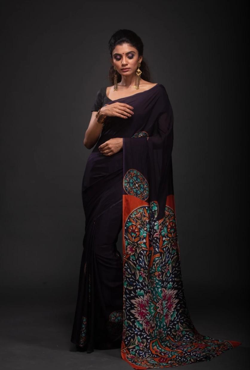 Black Hand Painted Pure Silk Mark Certified Bishnupuri Silk Sarees - Dailybuyys