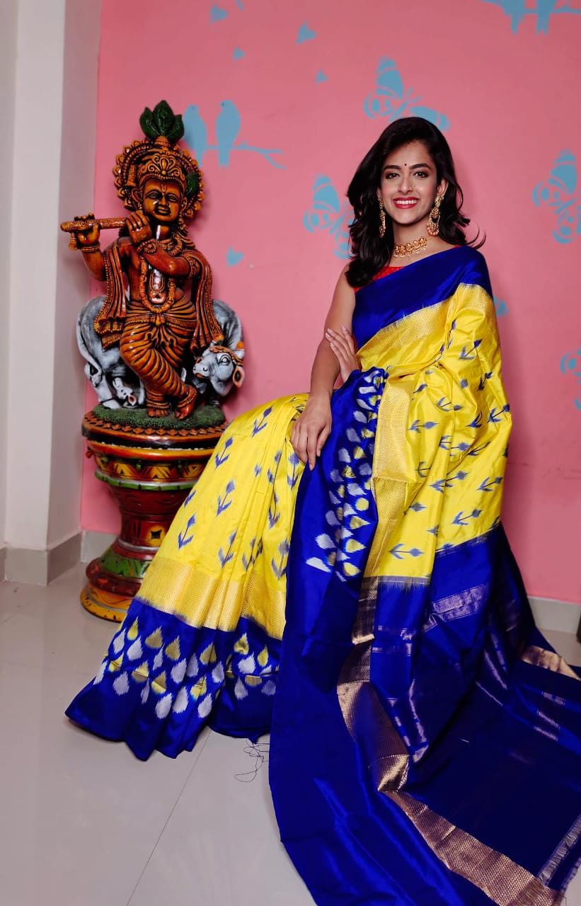 Yellow And Blue Designer Border HandWoven Ikkat Silk Sarees - Dailybuyys