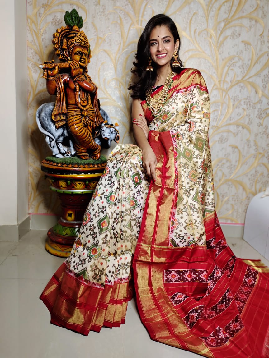 White Work And Red Zari Border HandWoven Ikkat Silk Sarees - Dailybuyys