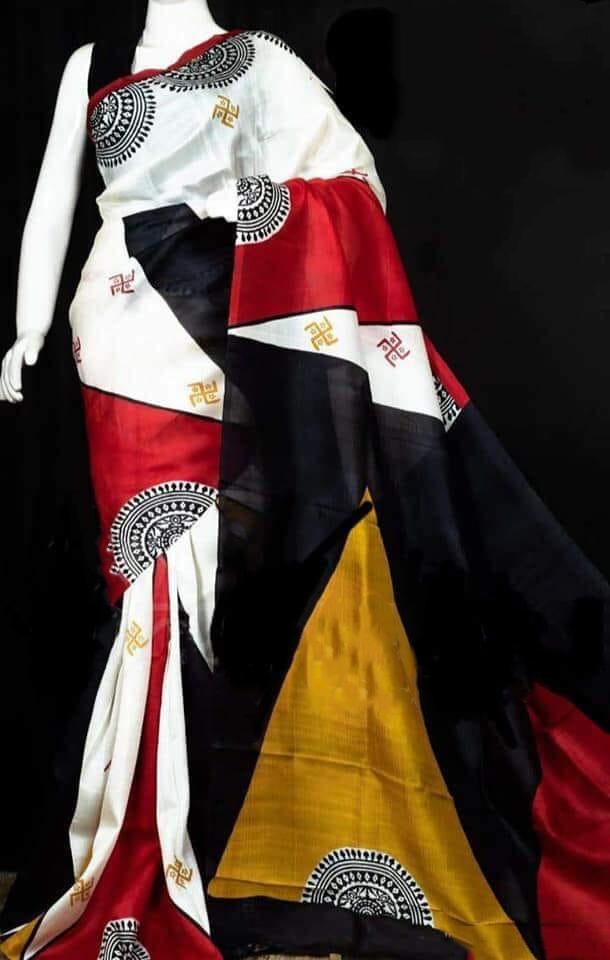 Black Beige Block Printed Plain Pure Silk Mark Certified Tussar Silk Sarees - Dailybuyys