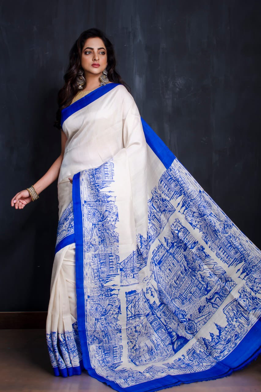 White and Royal Blue Screen Printed Pure Silk Mark Certified Bishnupuri Silk Sarees - Dailybuyys