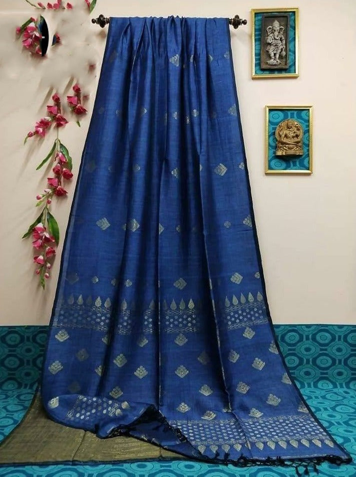 Lapis Blue Organic Pure Linen Sarees - Dailybuyys