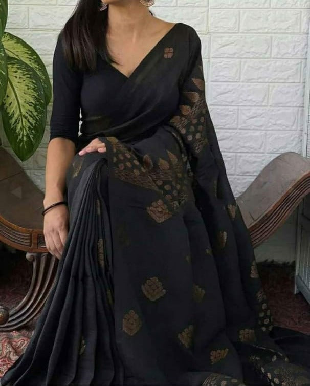 Black Organic Pure Linen Sarees - Dailybuyys