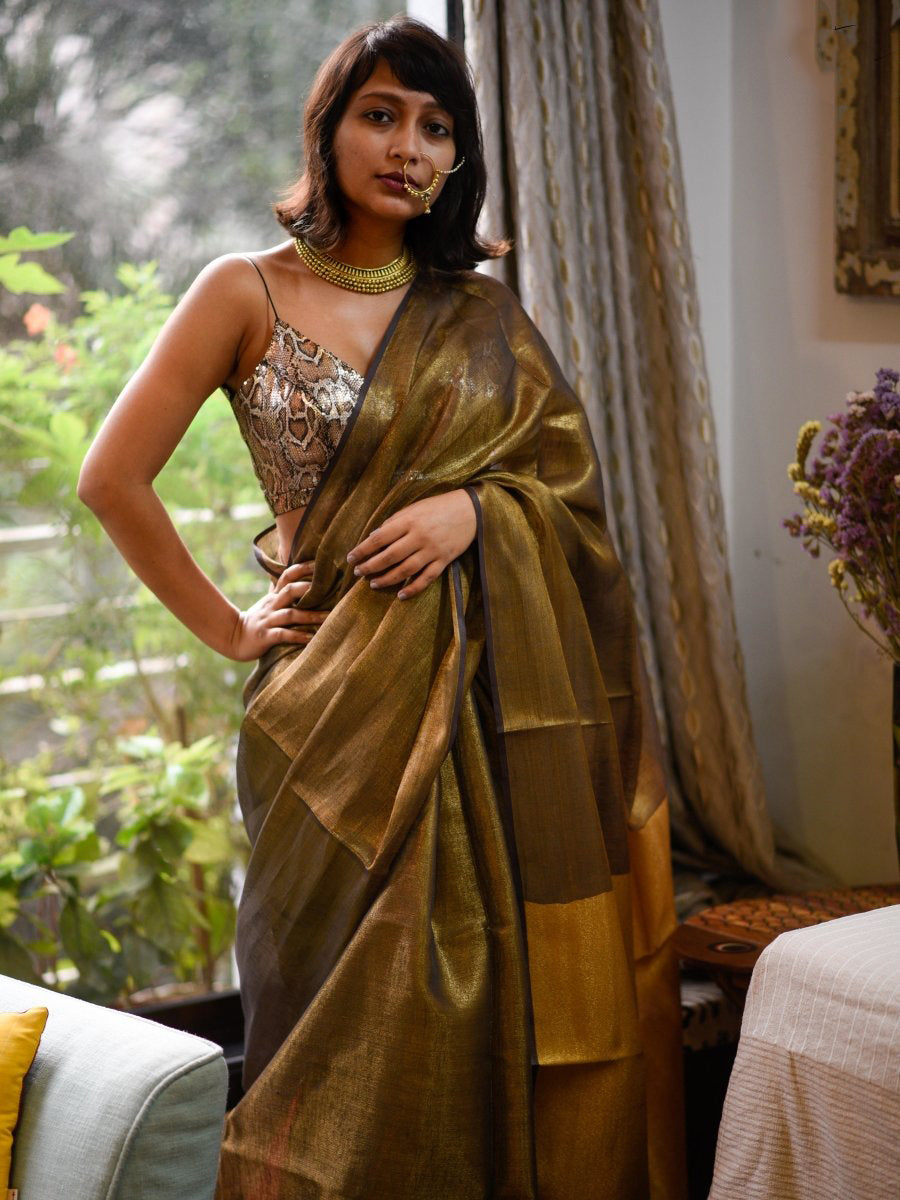 Olive Green With Golden Pallu Handwoven Pure Tissue Pure Linen Sarees - Dailybuyys