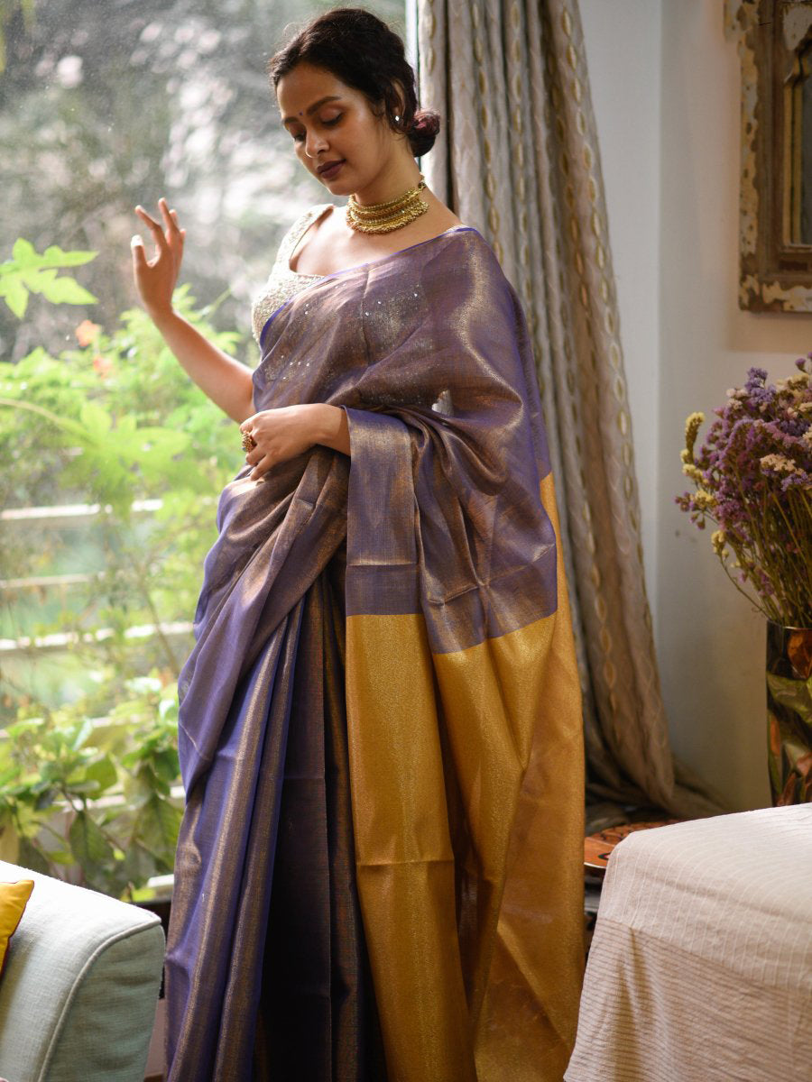 Violet Orchid With Golden Pallu Handwoven Pure Tissue Metallic Linen Sarees - Dailybuyys