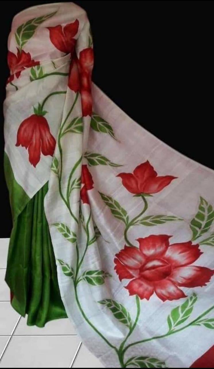 Green And White Floral Hand Painted Pure Silk Mark Certified Bishnupuri Silk Sarees - Dailybuyys