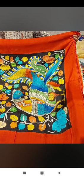Orange Black Hand Painted Pure Silk Mark Certified Bishnupuri Silk Sarees