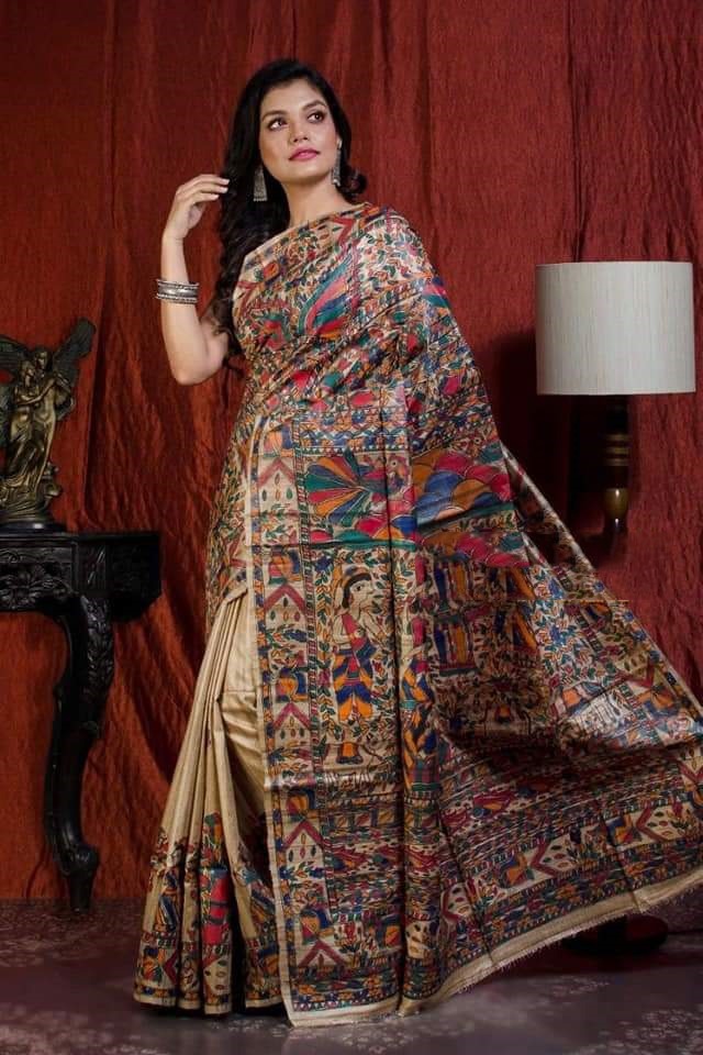 Beige And MultiColour Madhubani Handpaint Pure Silk Mark Certified Tussar Ghicha Silk Sarees - Dailybuyys