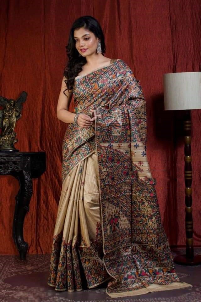 Beige And MultiColour Madhubani Handpaint Pure Silk Mark Certified Tussar Ghicha Silk Sarees - Dailybuyys