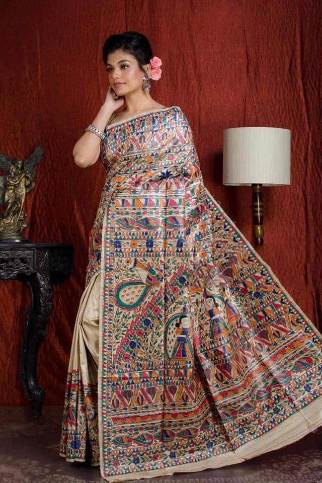 Beige Blue MultiColour Pure Madhubani Handpaint Pure Silk Mark Certified Tussar Ghicha Silk Sarees - Dailybuyys