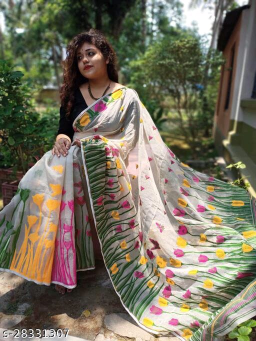 White And MultiColour Floral Hand Painted Pure Silk Mark Certified Bishnupuri Silk Sarees - Dailybuyys
