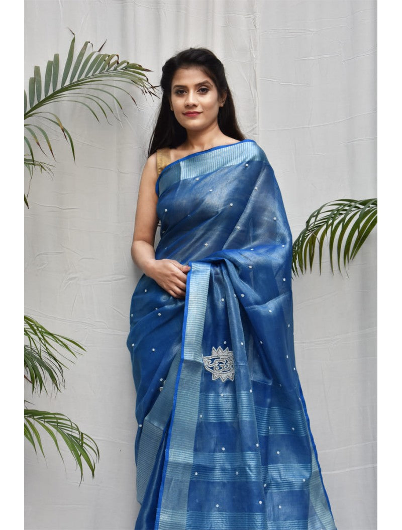 Royal Blue Hand Work Tissue Pure Linen Sarees - Dailybuyys
