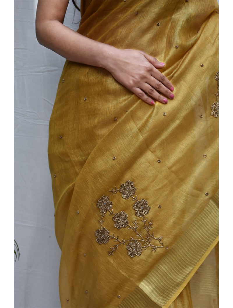 Granola Yellow Hand Work Tissue Pure Linen Sarees - Dailybuyys