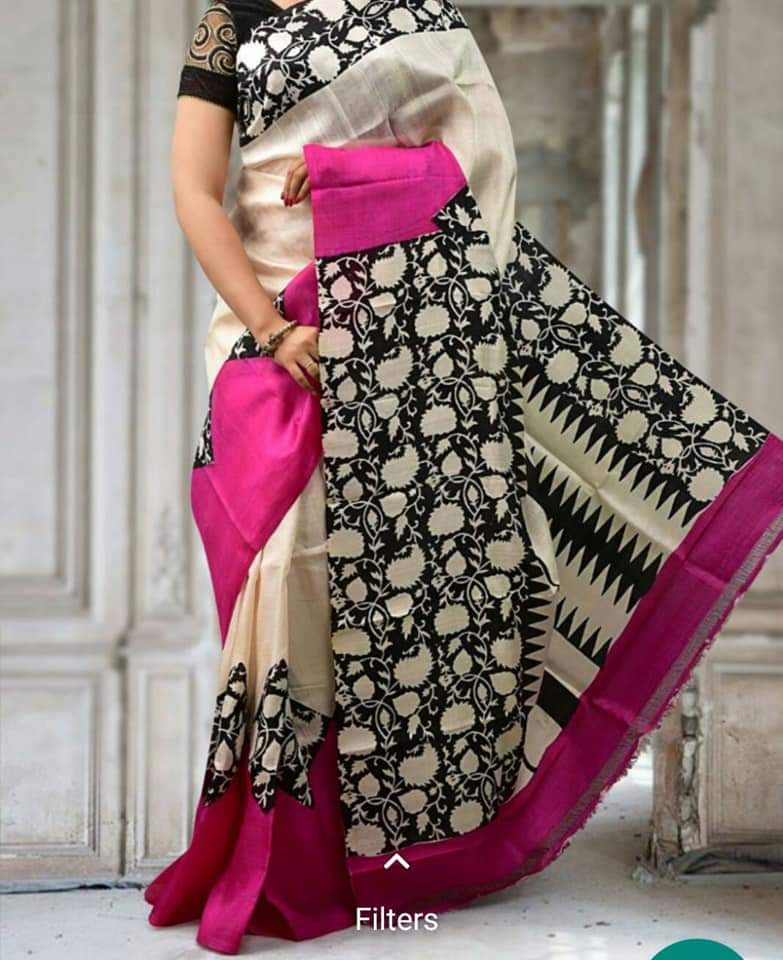 Black And White Block Printed Pure Silk Mark Certified Bishnupuri Silk Sarees - Dailybuyys