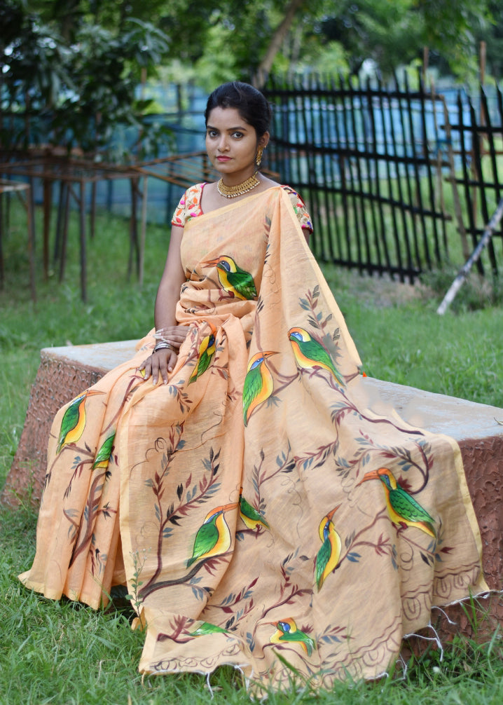 Pink Green Hand Painted Pure Silk Mark Certified Bishnupuri Silk Sarees - Dailybuyys