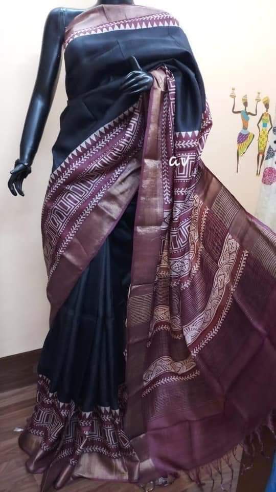 Black Purple Block Printed Zari Border Pure Silk Mark Certified Tussar Silk Sarees - Dailybuyys