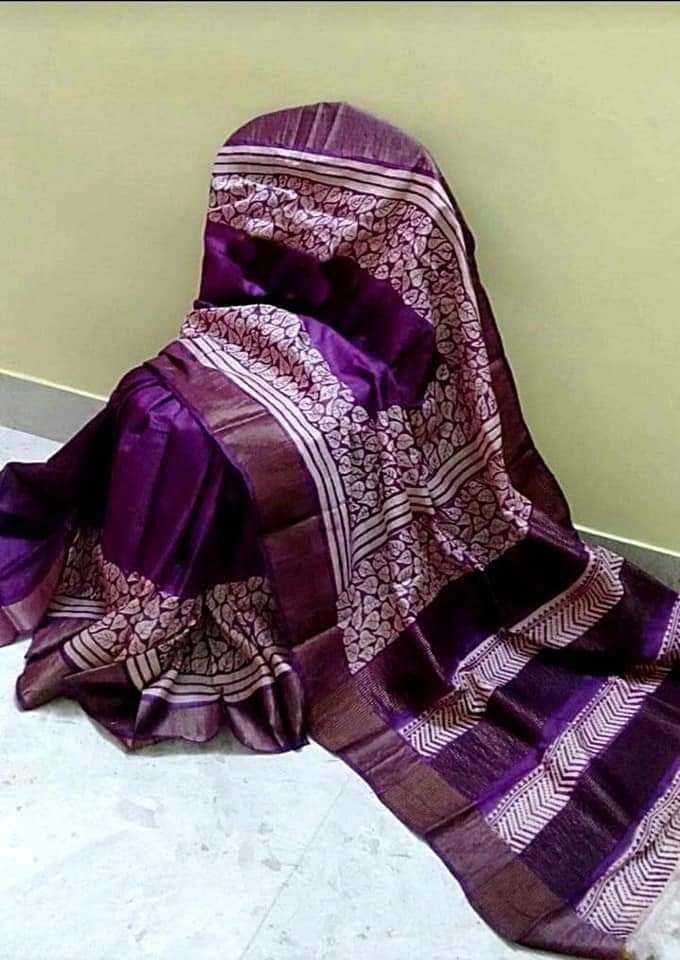 Deep Violet Beautiful Block Print Zari Border Pure Silk Mark Certified Tussar Silk Sarees - Dailybuyys