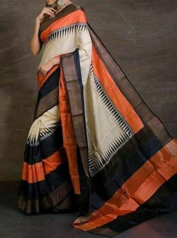 Beige Block Printed Zari Border Pure Silk Mark Certified Tussar Silk Sarees - Dailybuyys