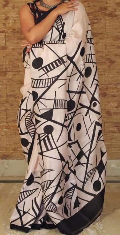 Beige Black Hand Painted Pure Silk Mark Certified Bishnupuri Silk Sarees - Dailybuyys