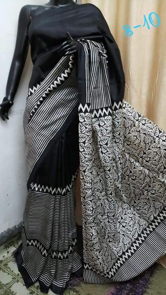 Black Beige Block Printed Pure Silk Mark Certified Bishnupuri Silk Sarees - Dailybuyys