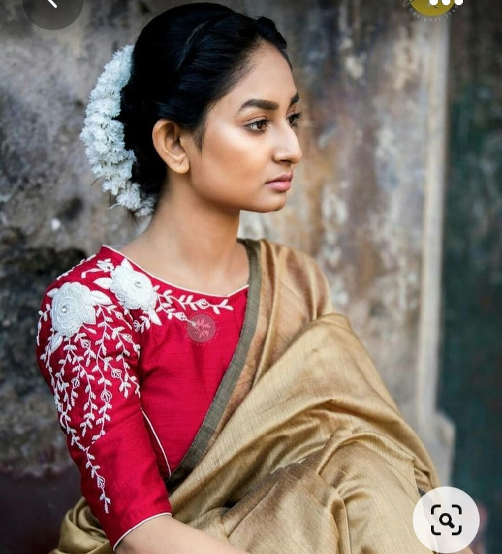 Floral Embroidery Round Neck Piping detailing Blouses(Add To Cart 15% Off) - Dailybuyys